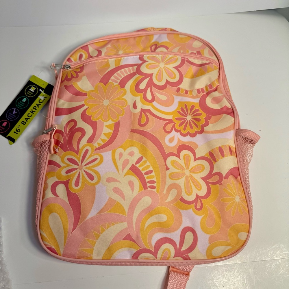 NWT. Wonder Nation 16" Backpack, pink orange white floral pattern.